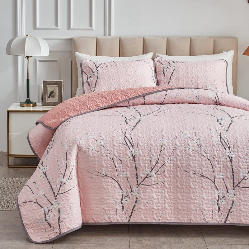UOZZI BEDDING 3 Pieces Reversible Pink Branch Quilt Set Queen Full Size 88x88 Soft Microfiber Lightweight Coverlet Bedspread Summer Comforter Set Bed Cover for All Season (1 Quilt+ 2 Shams) - Image 2